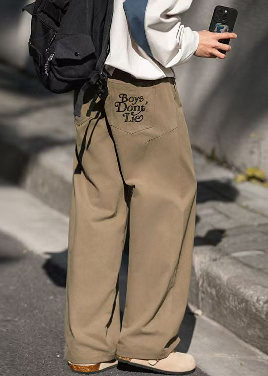 Khaki Embroideried Pockets Cotton Wide Leg Pants Summer
