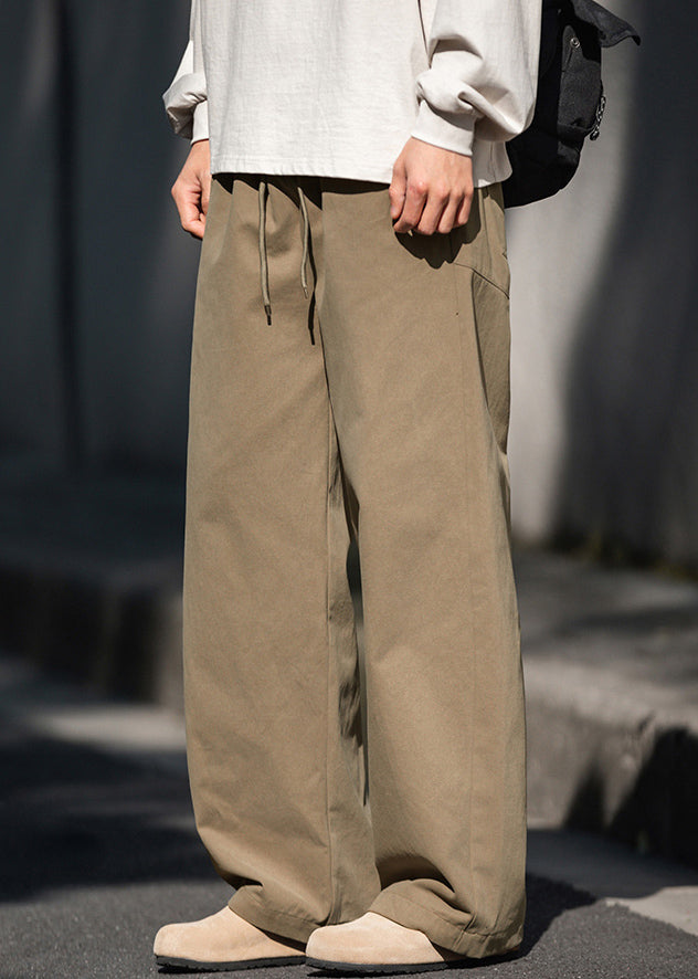 Khaki Embroideried Pockets Cotton Wide Leg Pants Summer