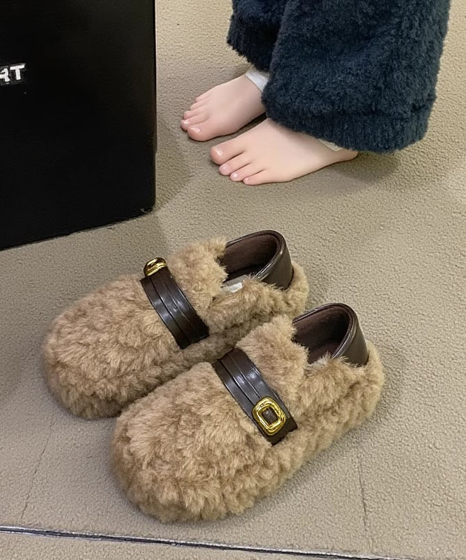 Khaki Fuzzy Fur Fluffy Splicing Platform Flat Shoes