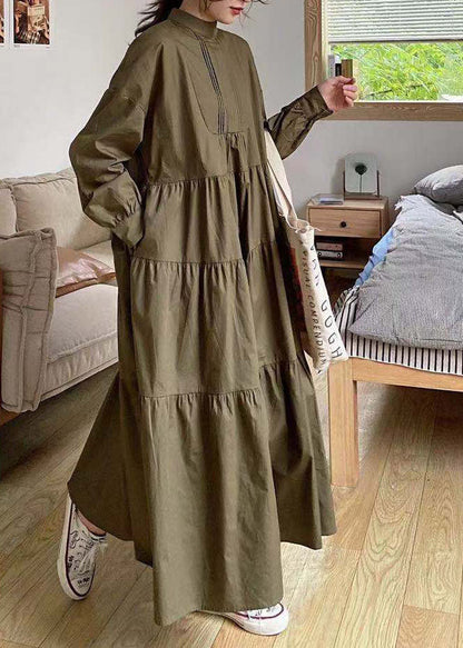 Khaki Hign Neck Patchwork Wrinkled Cotton Long Dress Spring
