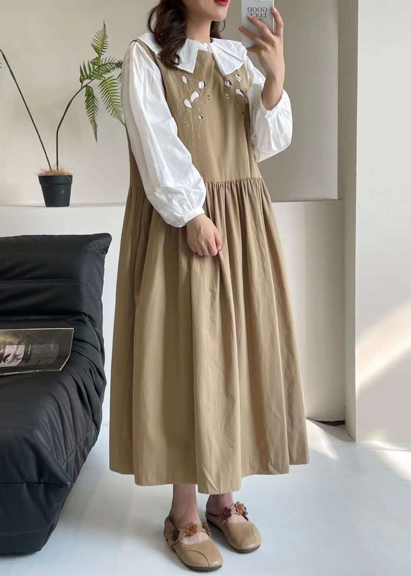 Khaki Hollow Out Long Dress Sleeveless