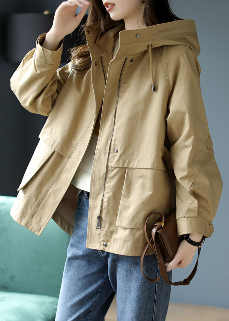 Khaki Hooded Patchwork Cotton Coat Spring