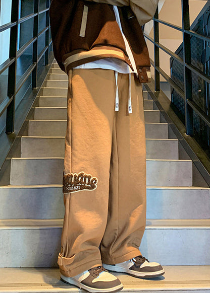 Khaki Letter Elastic Waist Warm Fleece Pants Spring