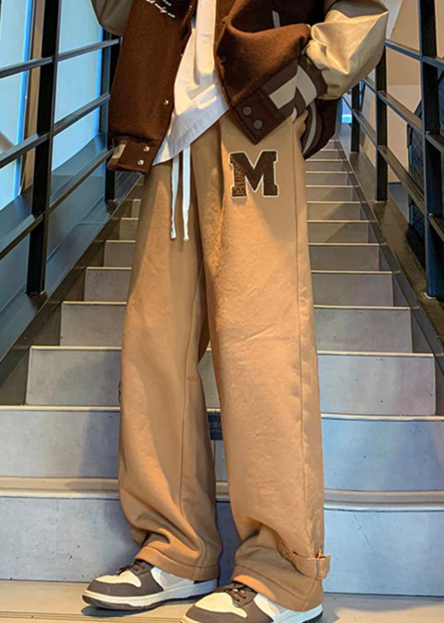 Khaki Letter Elastic Waist Warm Fleece Pants Spring