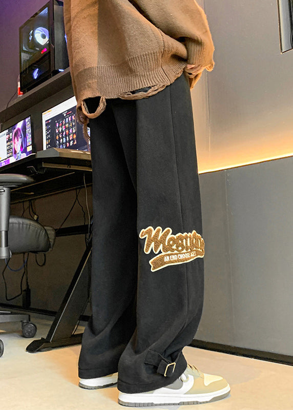 Khaki Letter Elastic Waist Warm Fleece Pants Spring