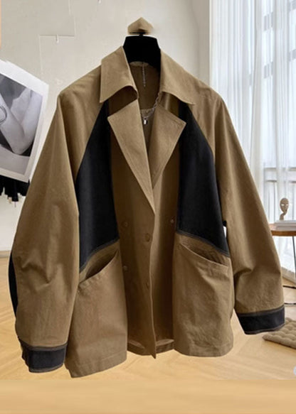 Khaki Notched Pockets Patchwork Button Coat Long Sleeve