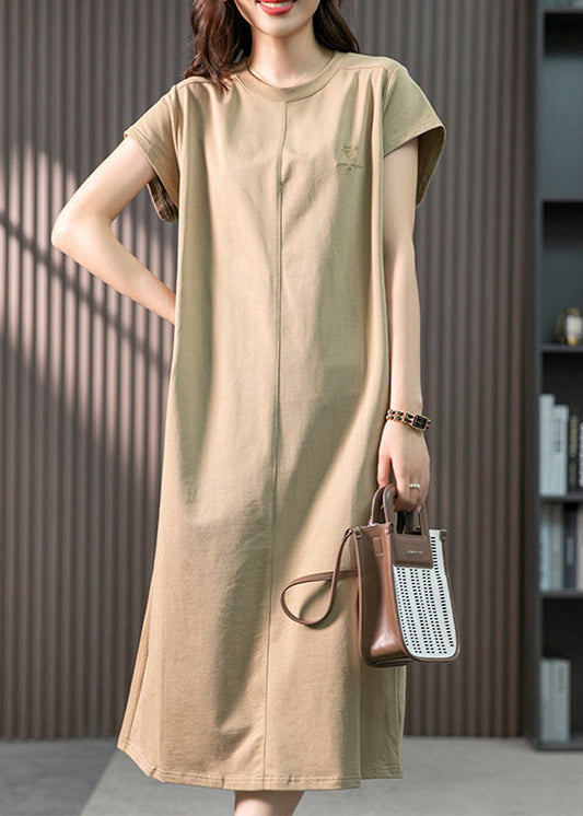 Khaki O-neck Embroideried Cozy Cotton Maxi Dresses Short Sleeve