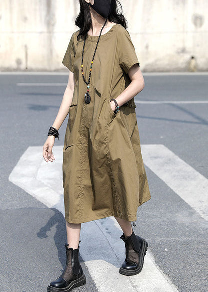 Khaki O Neck Ruffled Patchwork Cotton Dress Summer