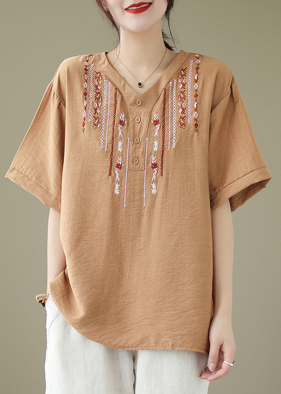Khaki Oversized Embroideried Cotton Blouse Tops Summer