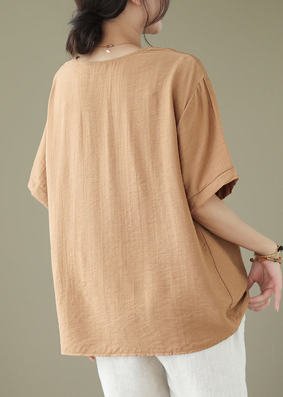 Khaki Oversized Embroideried Cotton Blouse Tops Summer