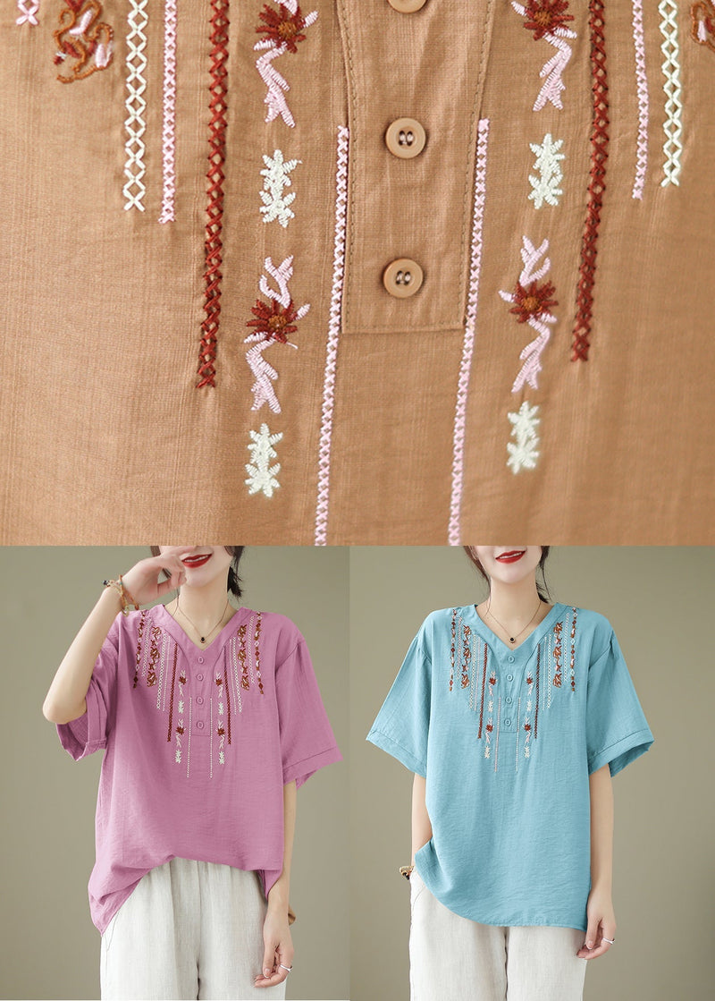 Khaki Oversized Embroideried Cotton Blouse Tops Summer