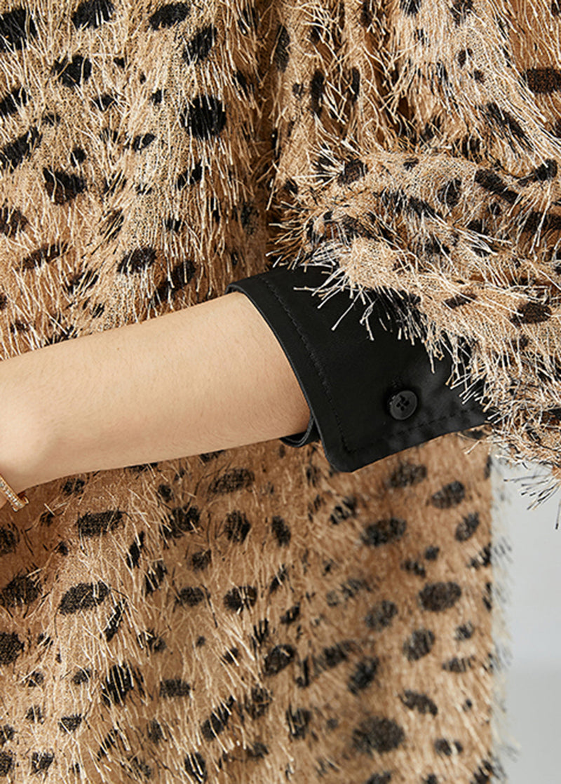 Khaki Oversized Fluffy Leopard Print Top Long Sleeve