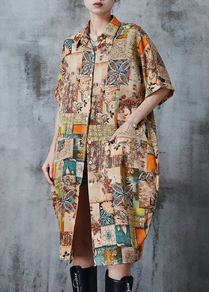 Khaki Oversized Print Chiffon Shirt Dress Summer