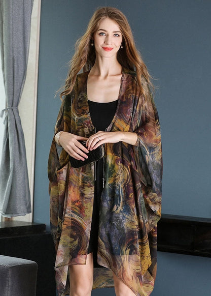 Khaki Oversized Print Chiffon Upf 50+ Coat Jacket Batwing Sleeve