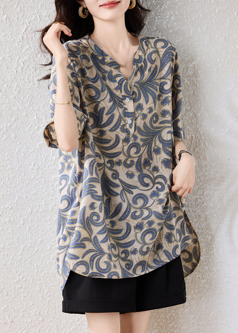 Khaki Oversized Print Cotton Blouses Summer