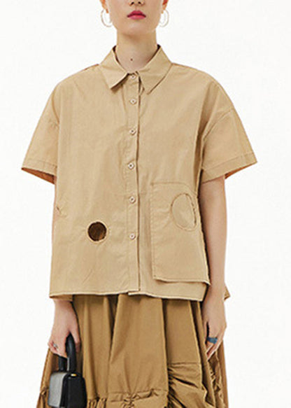 Khaki Peter Pan Collar Button Cotton Shirt Summer