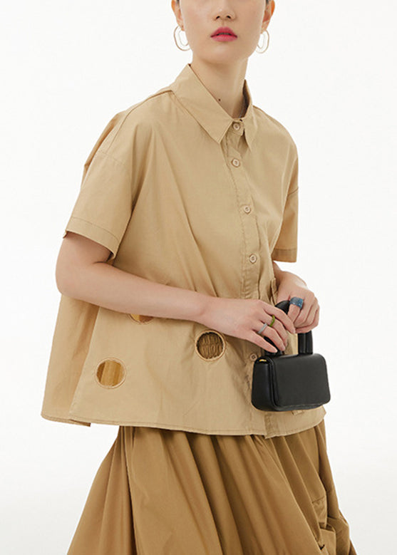 Khaki Peter Pan Collar Button Cotton Shirt Summer