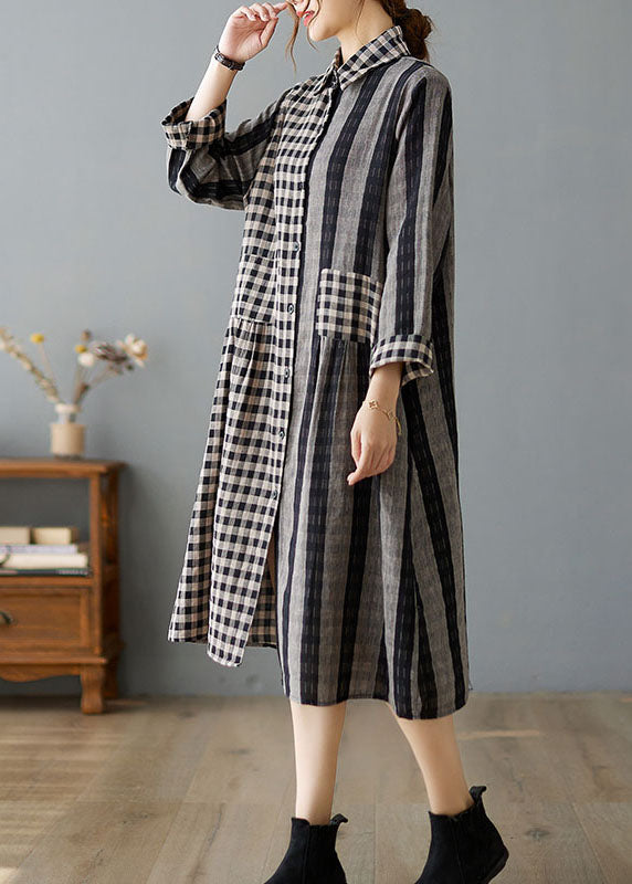 Khaki Peter Pan Collar Plaid Cotton Dresses Spring