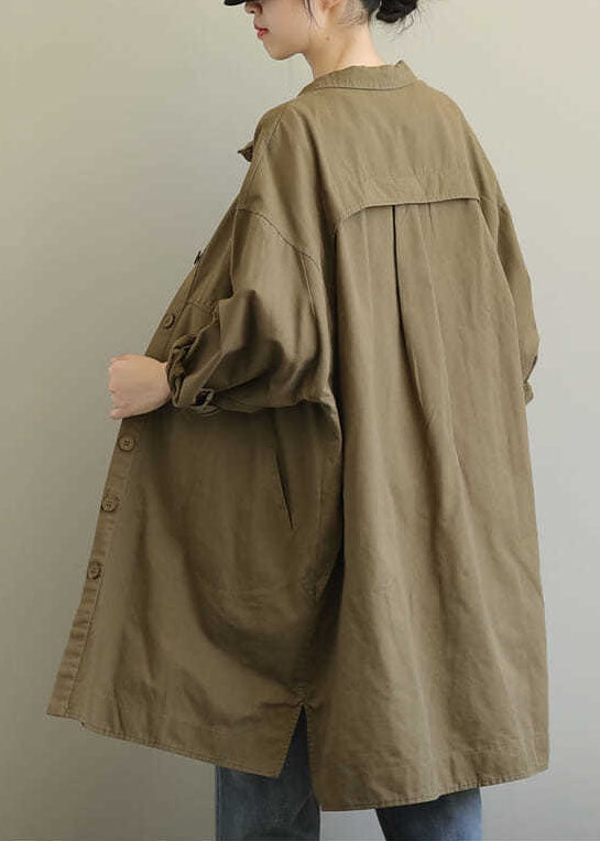 Khaki Peter Pan Collar Pockets Patchwork Cotton Coat Long Sleeve