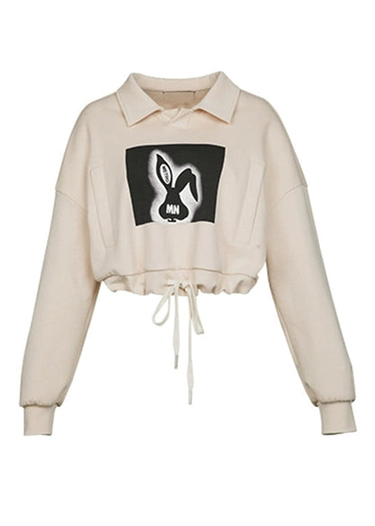 Casual Khaki Peter Pan Collar Print Drawstring Sweatshirts Fall
