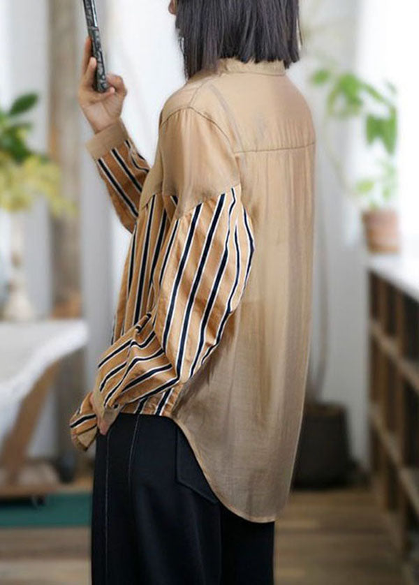 Khaki Peter Pan Collar Striped Patchwork Cotton Top Spring