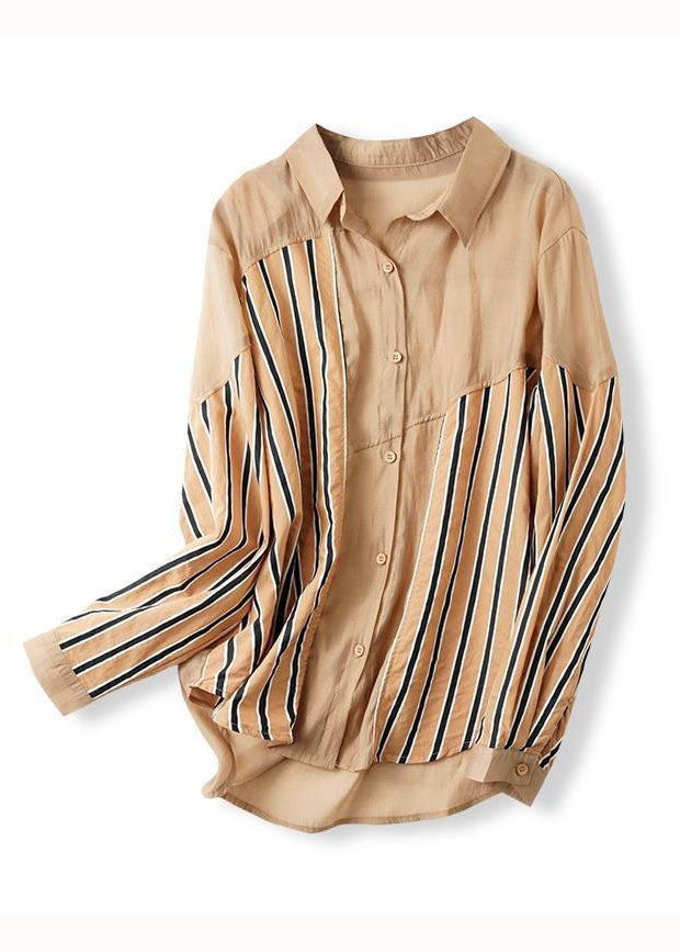 Khaki Peter Pan Collar Striped Patchwork Cotton Top Spring