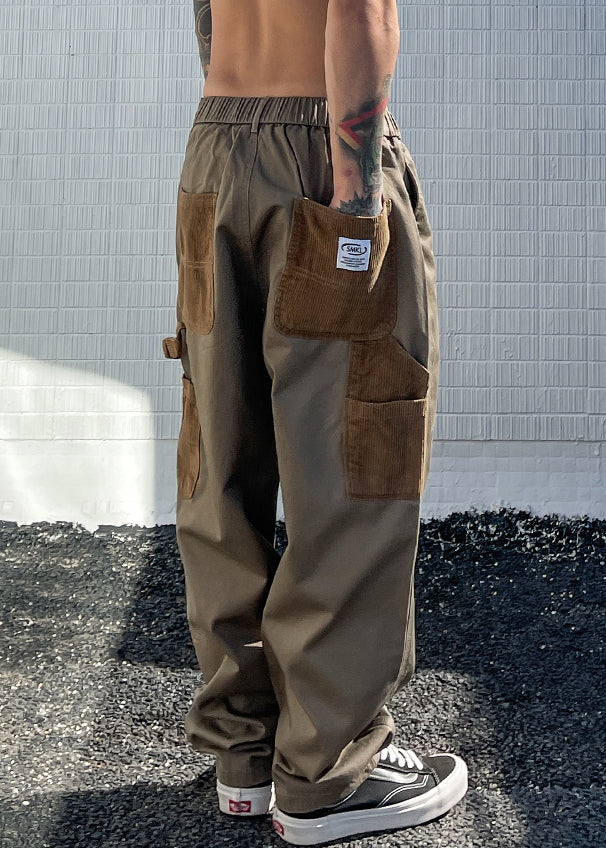 Khaki Pockets Drawstring Patchwork Cotton Pants Summer