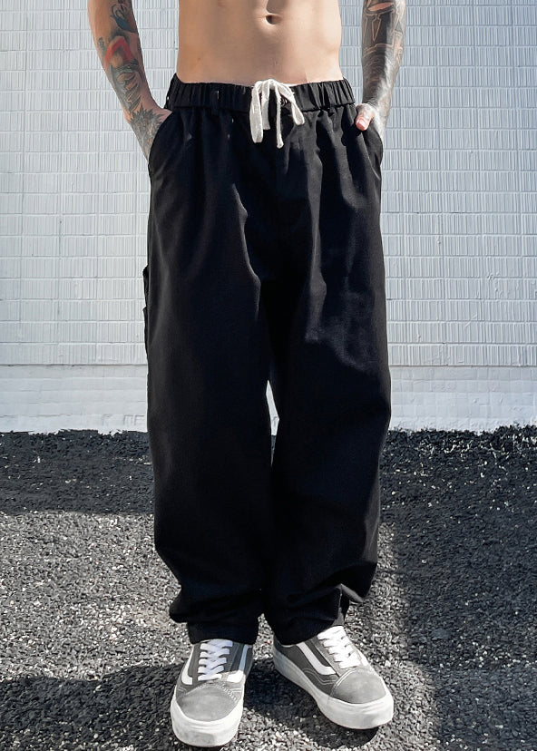 Khaki Pockets Drawstring Patchwork Cotton Pants Summer
