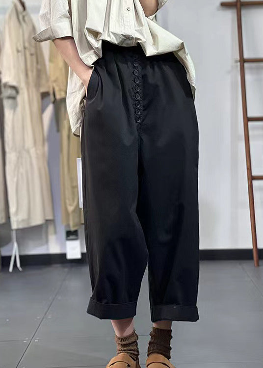 Khaki Pockets Elastic Waist Cotton Crop Pants Fall