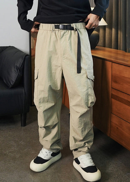 Khaki Pockets Elastic Waist Cotton Pants Spring