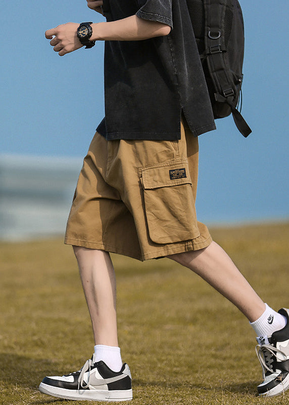 Khaki Pockets Elastic Waist Cotton Shorts Summer