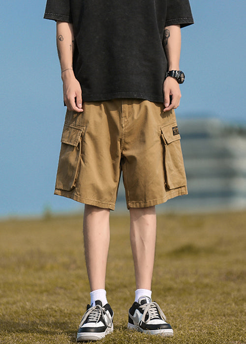 Khaki Pockets Elastic Waist Cotton Shorts Summer