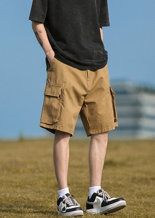 Khaki Pockets Elastic Waist Cotton Shorts Summer