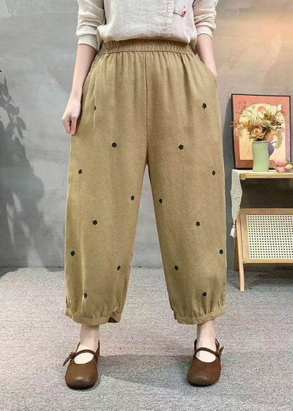Khaki Pockets Elastic Waist Dot Print Linen Crop Pants Summer
