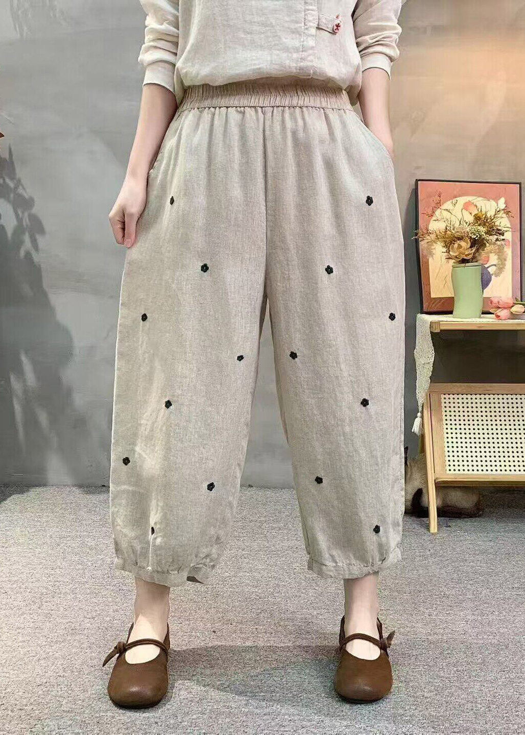 Khaki Pockets Elastic Waist Dot Print Linen Crop Pants Summer
