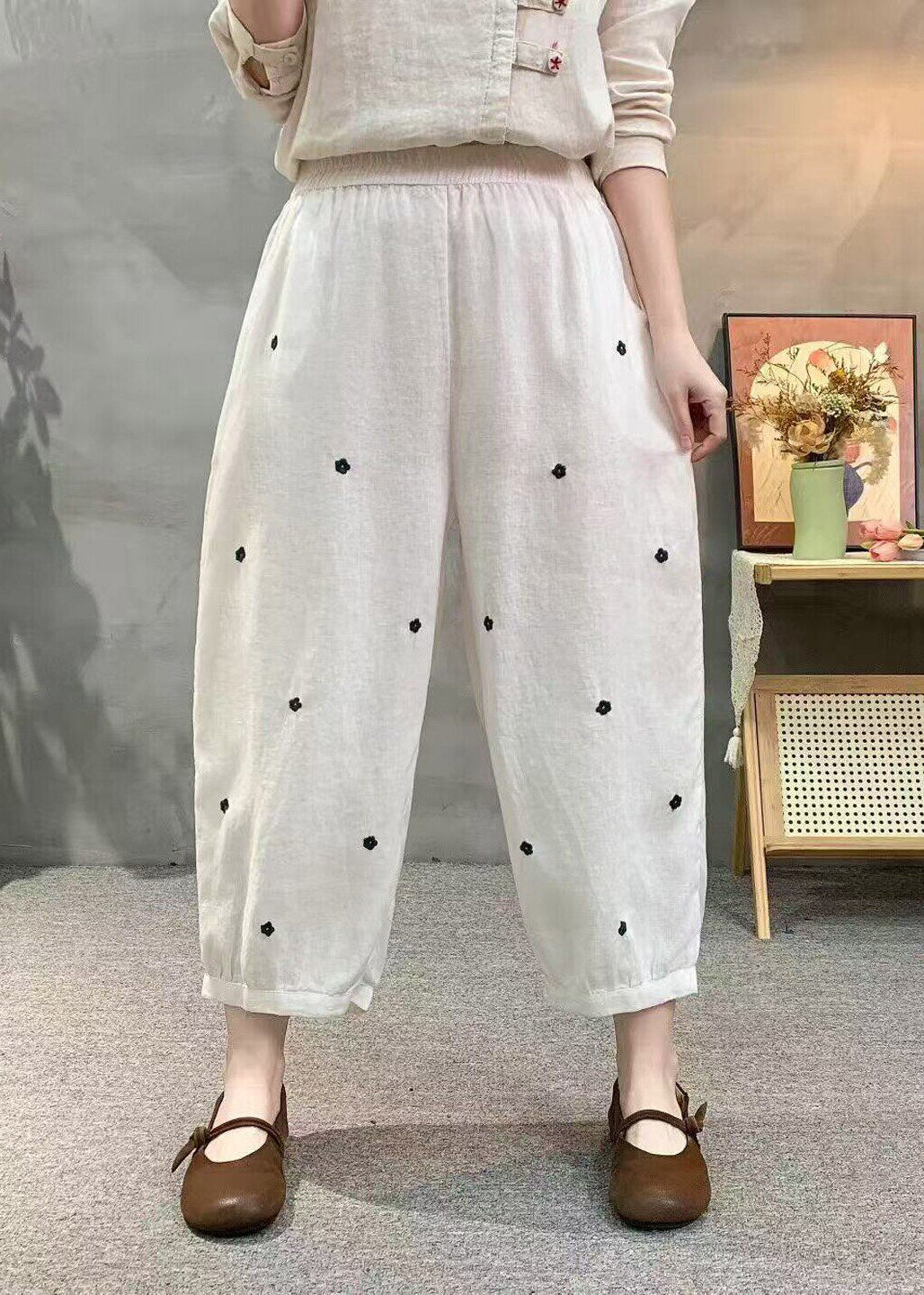 Khaki Pockets Elastic Waist Dot Print Linen Crop Pants Summer