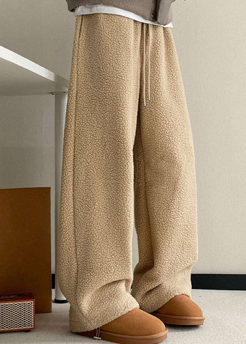 Khaki Pockets Elastic Waist Teddy Faux Fur Pants Winter