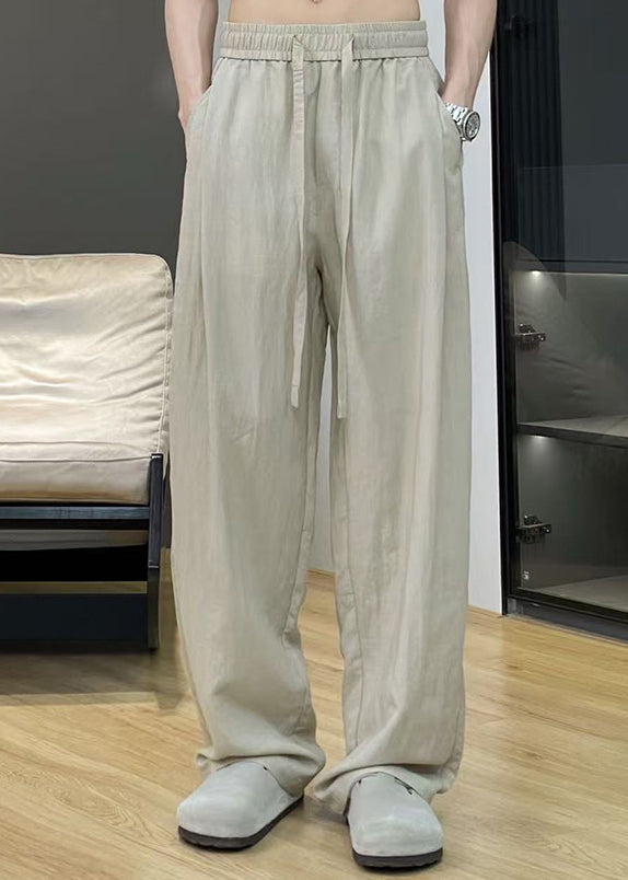 Khaki Pockets Elastic Waist Thin Linen Pants Summer
