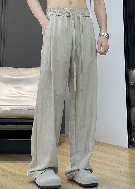 Khaki Pockets Elastic Waist Thin Linen Pants Summer