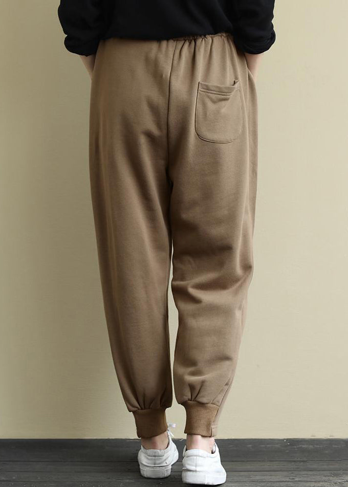 Khaki Pockets Elastic Waist Warm Fleece Beam Pants Winter