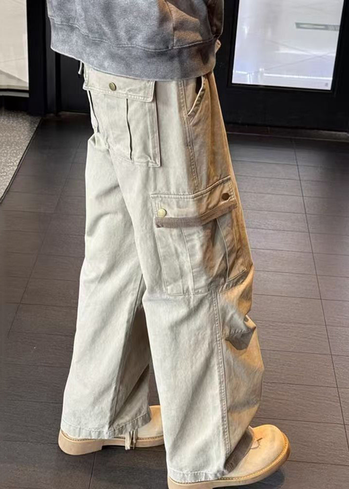 Khaki Pockets High Waist Denim Pants Spring