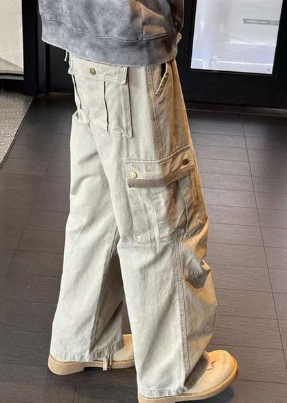 Khaki Pockets High Waist Denim Pants Spring