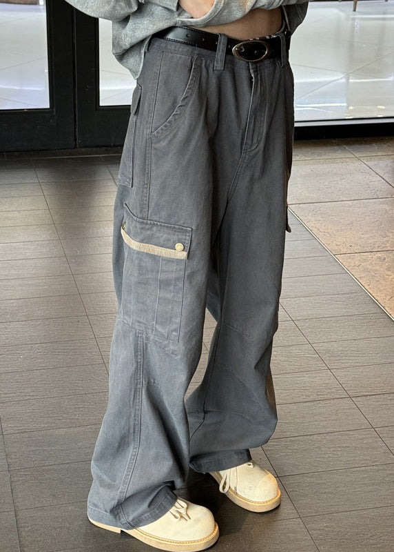 Khaki Pockets High Waist Denim Pants Spring