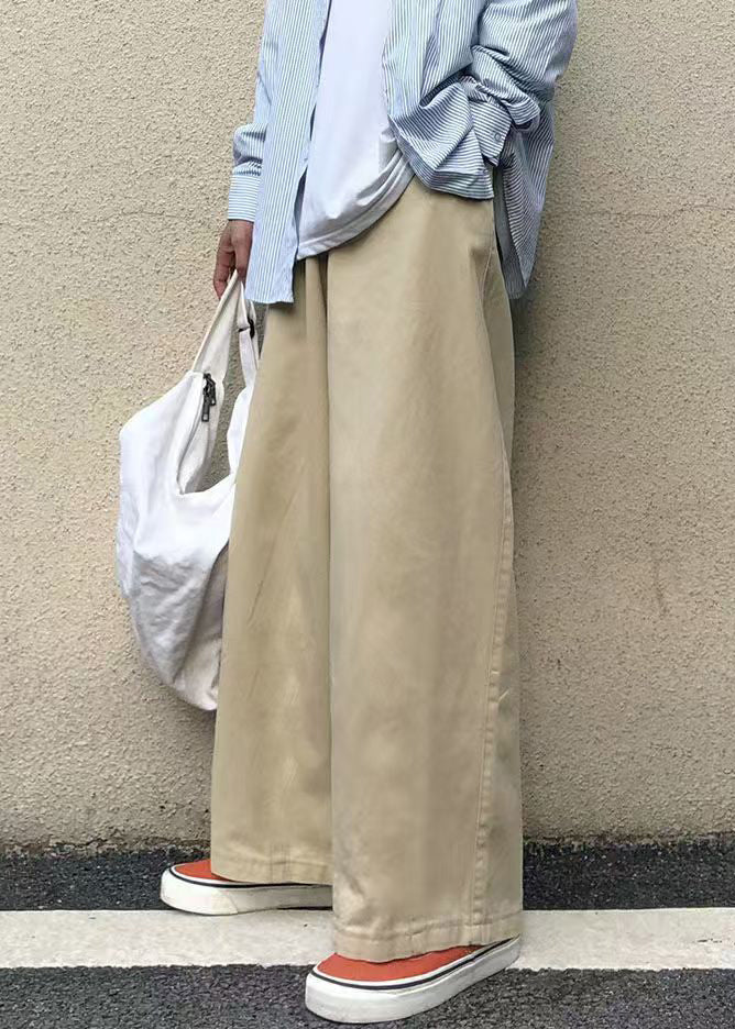 Khaki Pockets Cotton Wide Leg Pants Fall