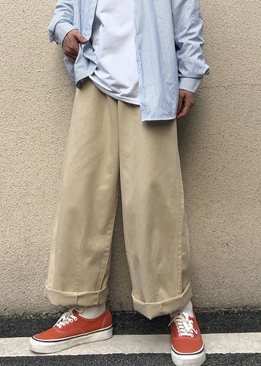 Khaki Pockets Cotton Wide Leg Pants Fall