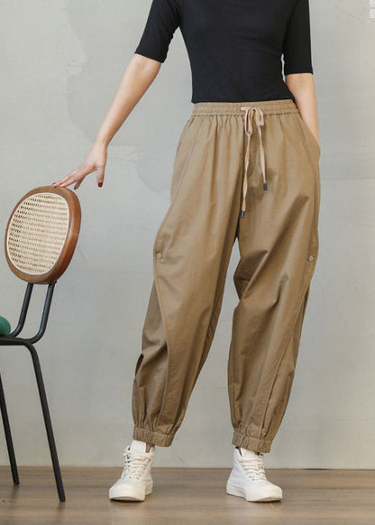Khaki Pockets Elastic Waist Drawstring Harem Pants Spring