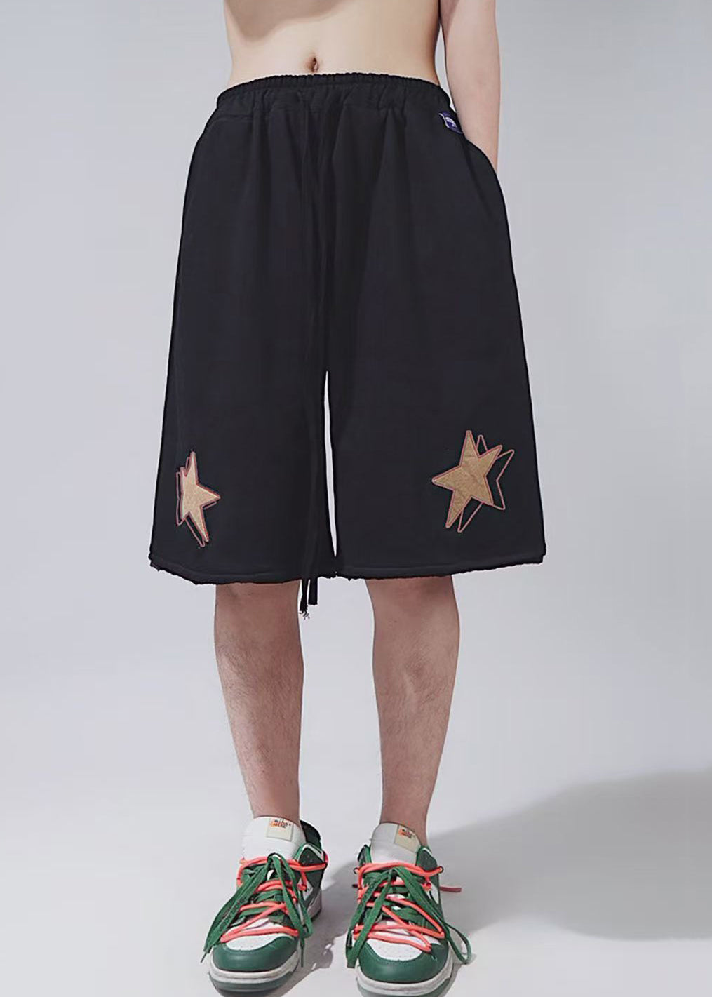 Khaki Print Elastic Waist Cotton Shorts Summer