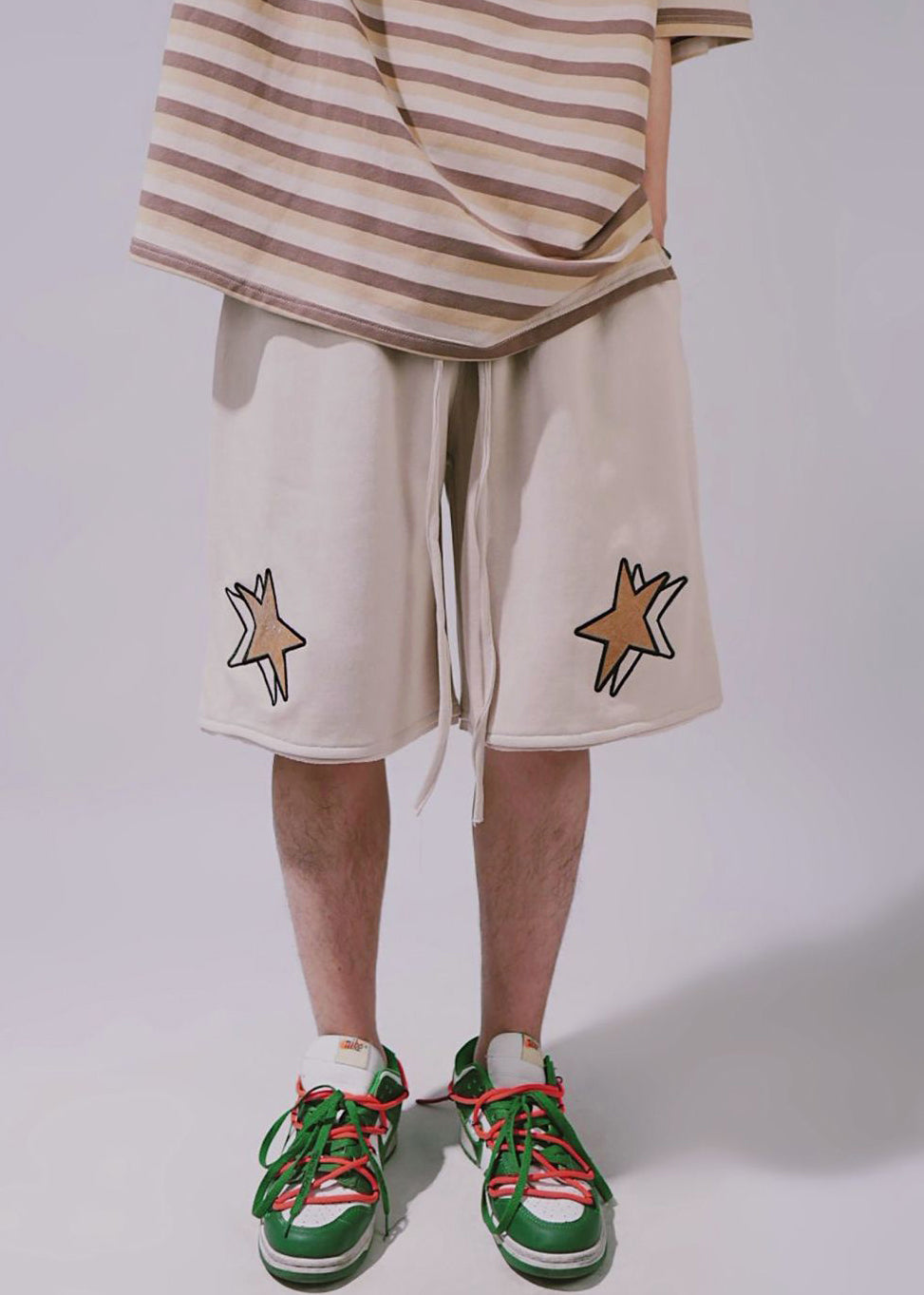 Khaki Print Elastic Waist Cotton Shorts Summer