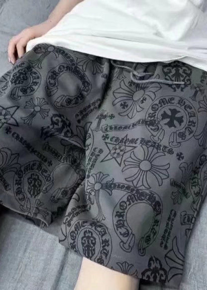 Khaki Print Elastic Waist Cotton Shorts Summer