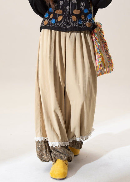 Khaki Print Patchwork Elastic Waist Cotton Pants Spring